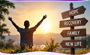 A person with raised arms at sunrise beside signposts reading Hope, Recovery, Family and New Life
