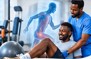 A physiotherapist guiding a patient through a rehabilitation exercise