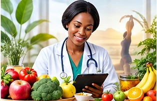 A dietitian with a tablet beside fresh fruit and vegetables